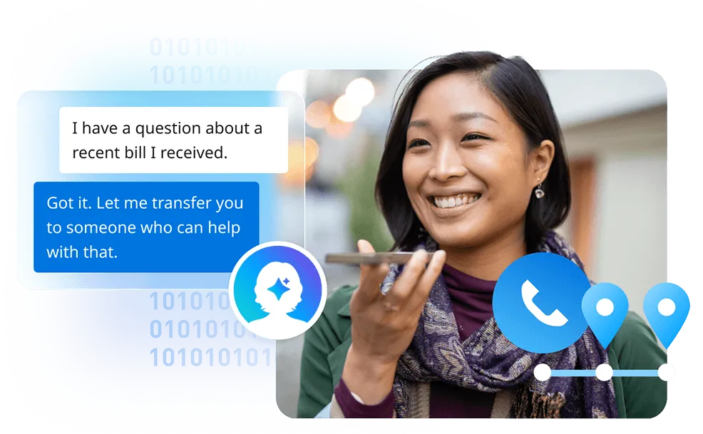 Donna sorridente al telefono, accanto a una chat in cui una richiesta del cliente viene trasferita a un operatore e all’icona dell’assistente AI