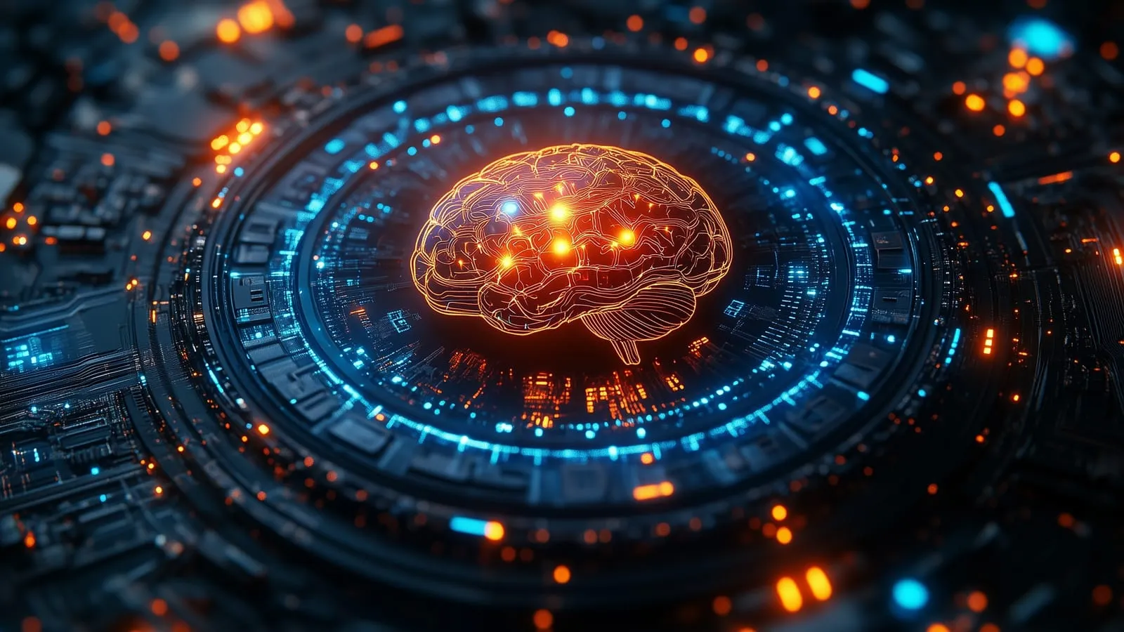Cervello digitale luminoso al centro di un circuito elettronico