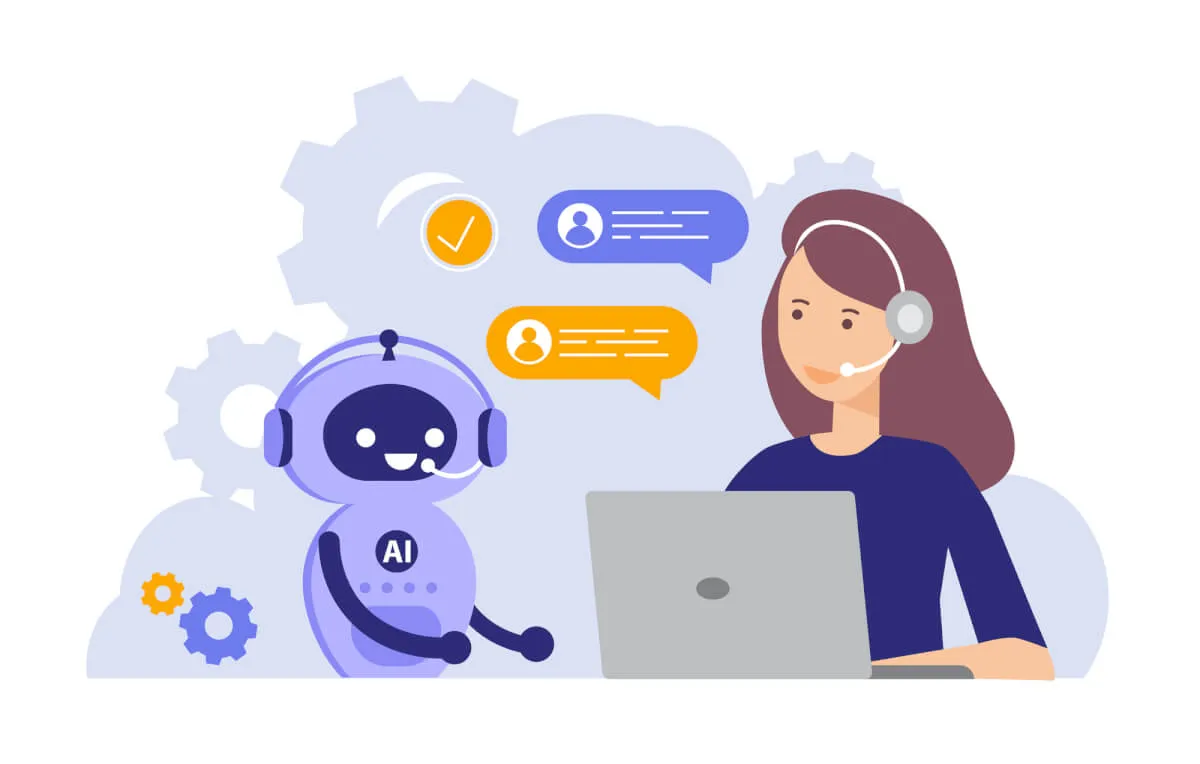 Illustrazione di un operatore con cuffia e laptop affiancato da un assistente AI a forma di robot, con fumetti di conversazione